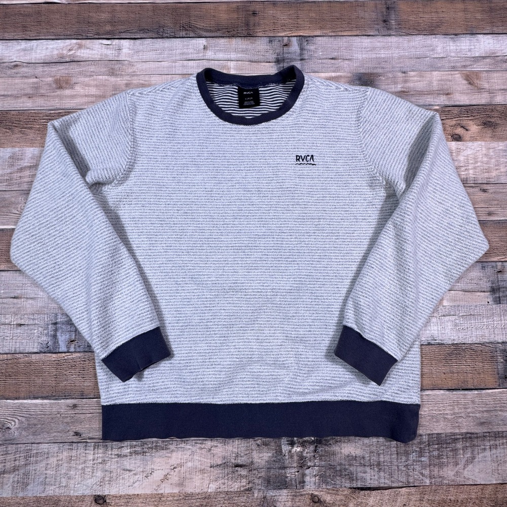 RVCA Mens Sweatshirt Crew Neck Textured Stripe Grey Navy Large Embroidered Logo
